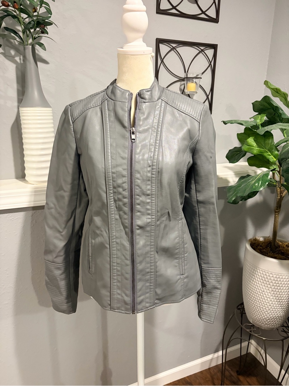 a.n.a Grey Faux Leather Zip Jacket